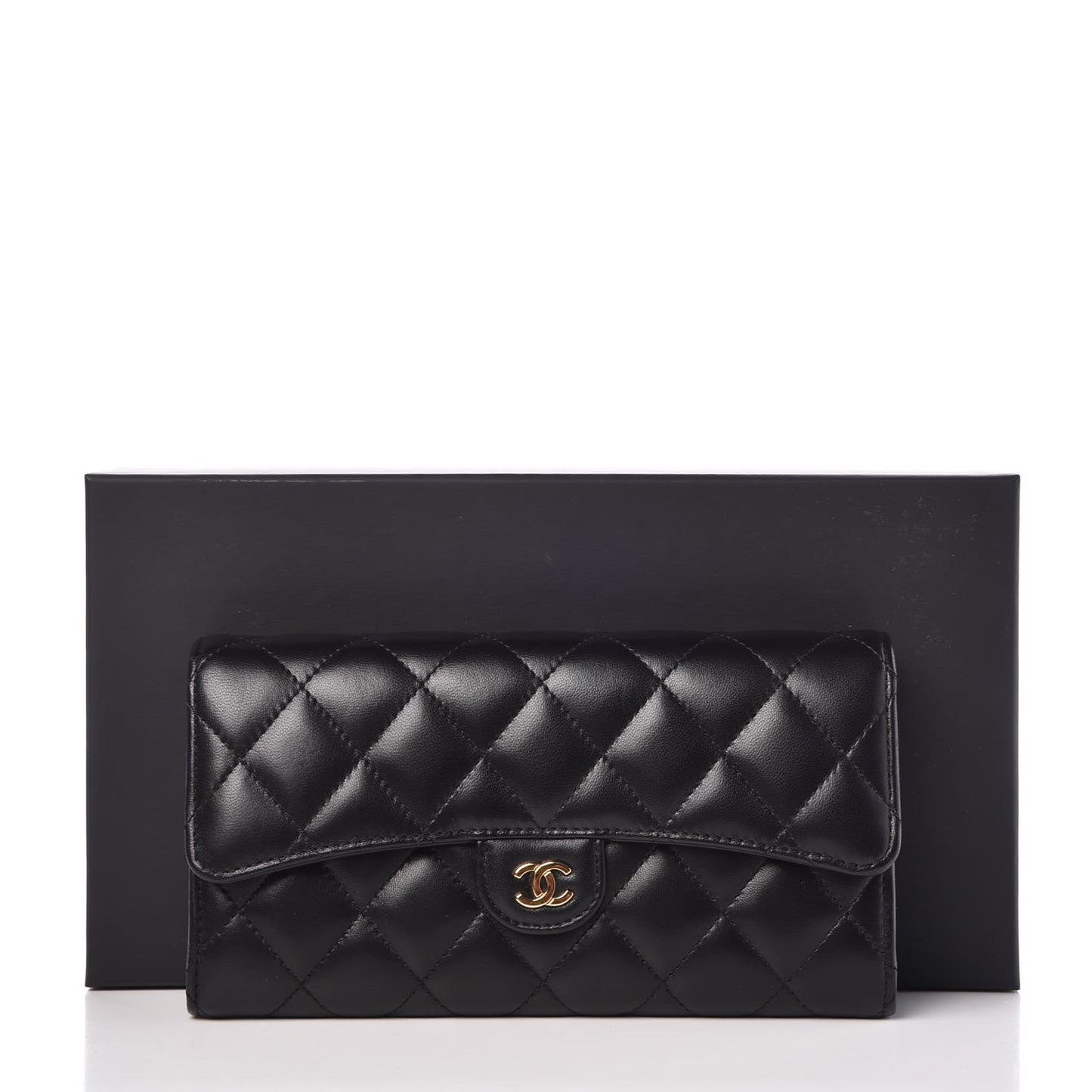 Lambskin Quilted Large Gusset Flap Wallet Black