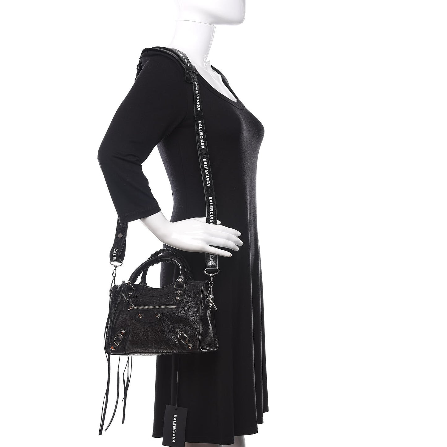 Agneau Classic Silver Hardware Mini City Logo Strap Black White
