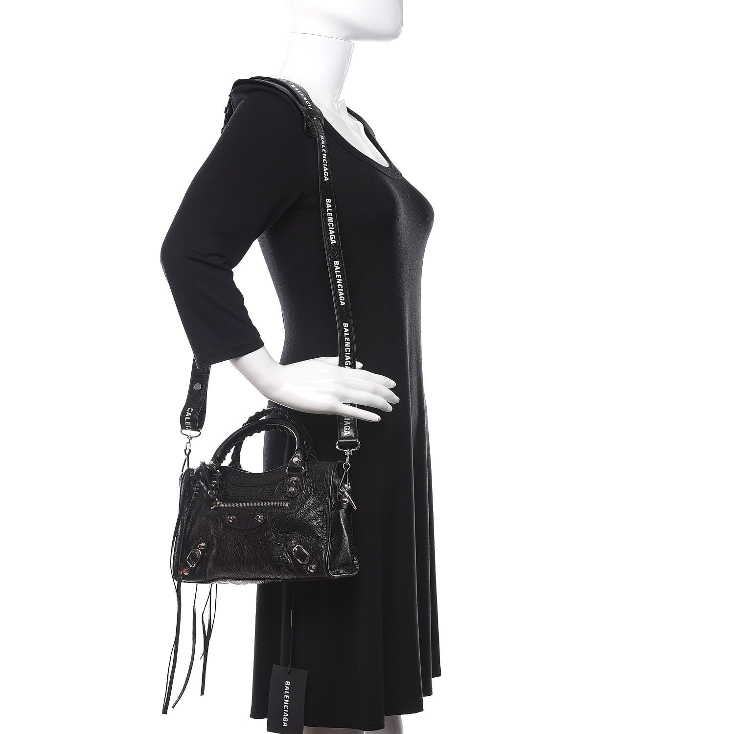 Balenciaga Agneau Classic Silver Hardware Mini City Logo Strap Black White 2 of 11
