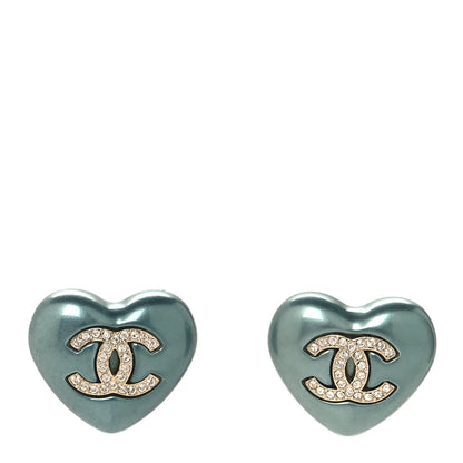 Chanel Pearl Crystal CC Heart Earrings Blue Gold 1 of 5