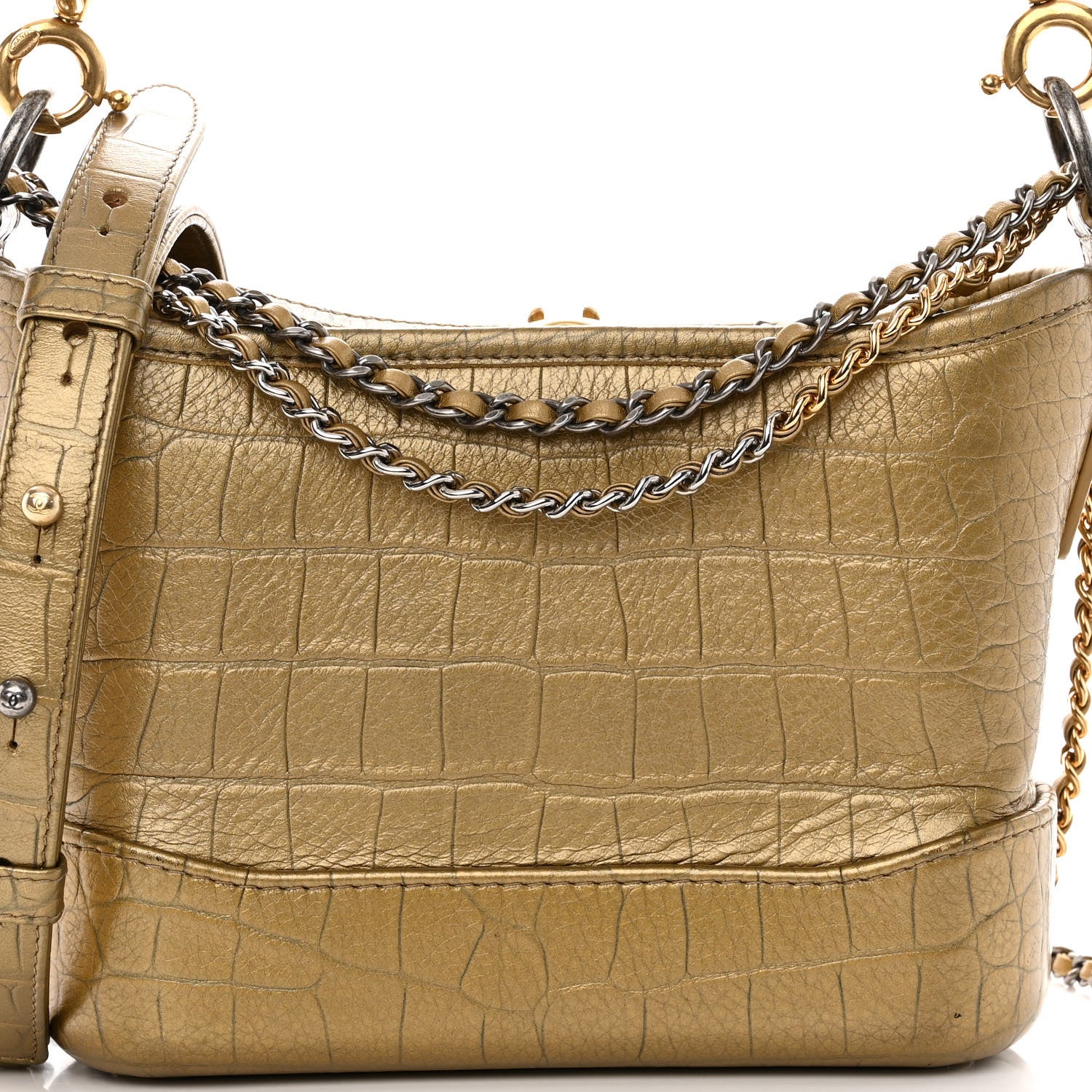 Chanel Metallic Calfskin Crocodile Embossed Cocodile Small Gabrielle Hobo Gold 7 of 9