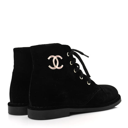 Chanel Velvet CC Lace Up Boots 37 Black 4 of 6