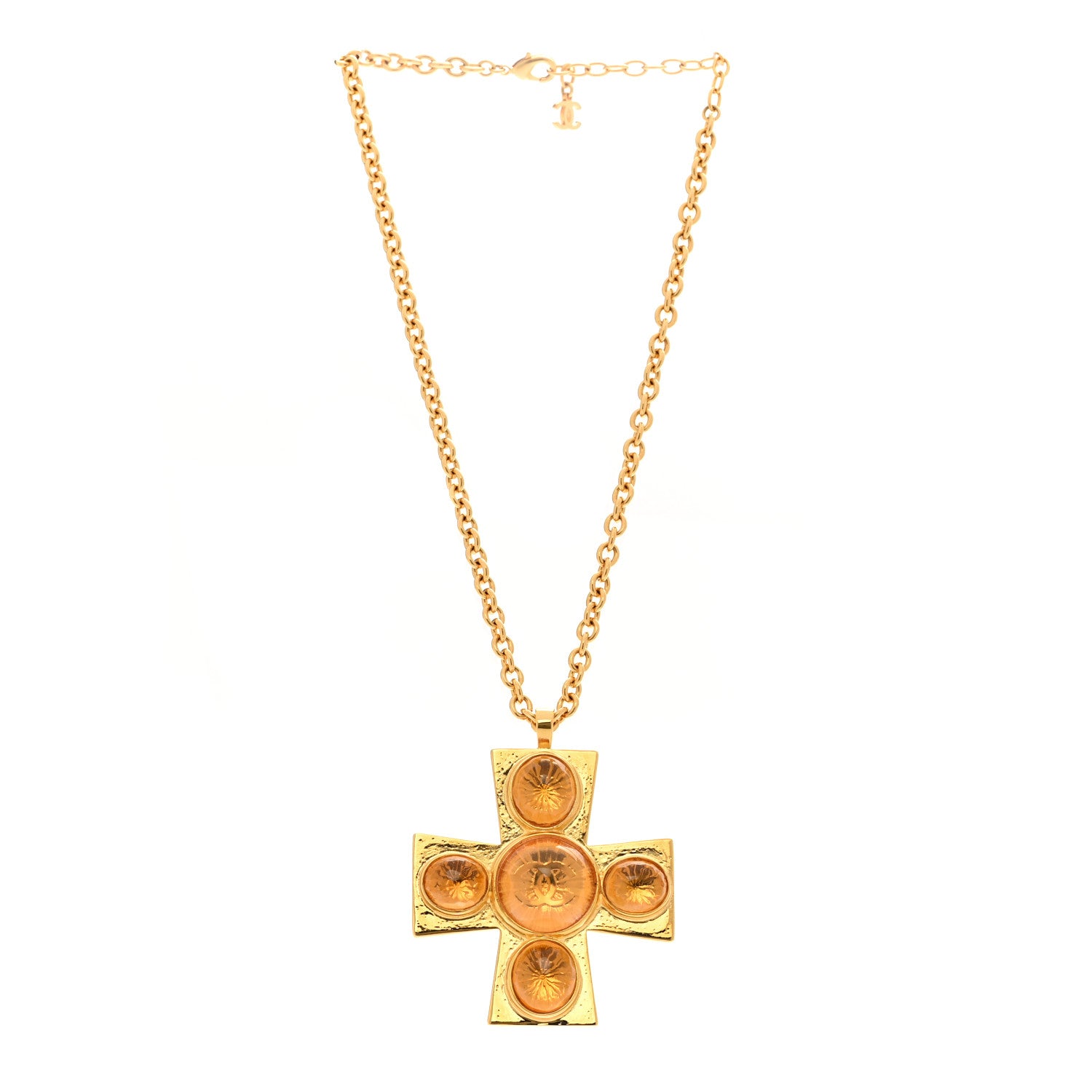 CHANEL　クロス型チャーム ゴールド 石トレあり Chanel Gripoix Crystal CC Cross Pendant Necklace Gold Orange