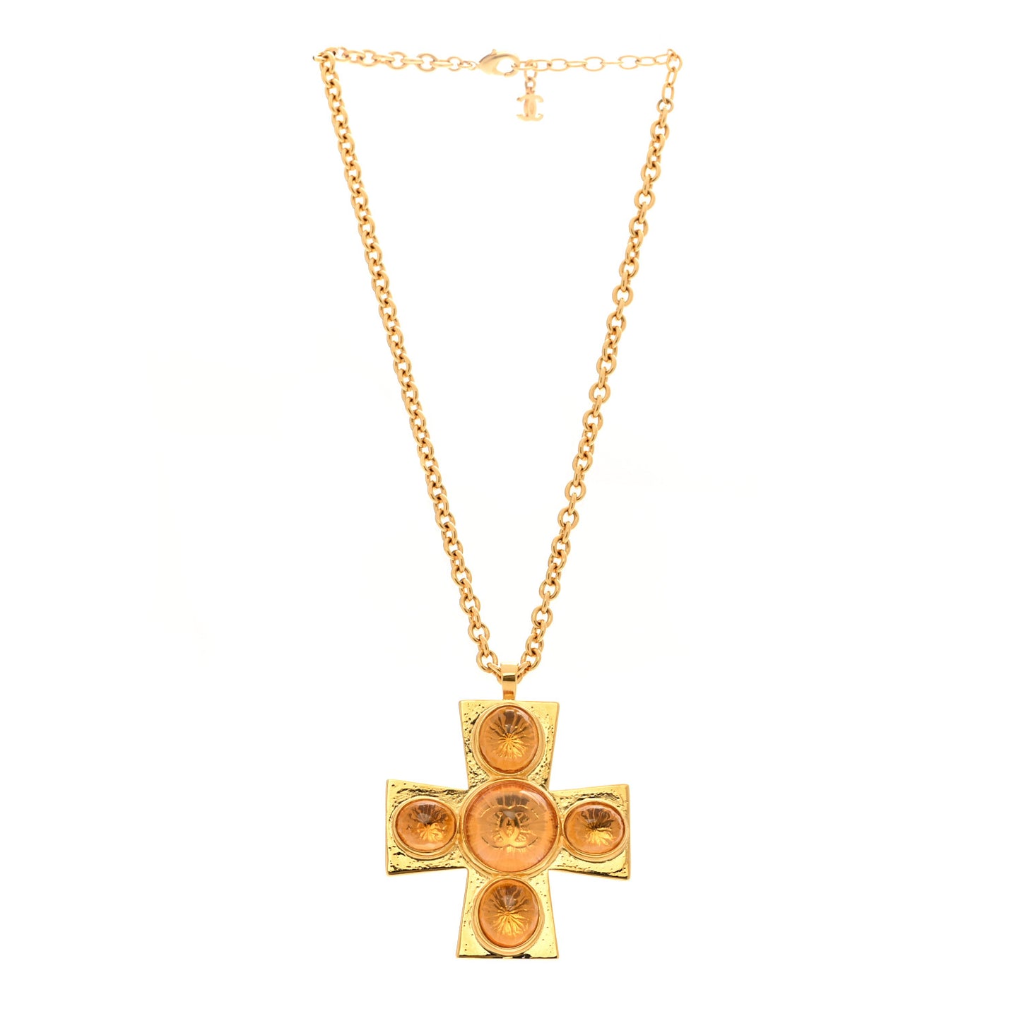 Gripoix Crystal CC Cross Pendant Necklace Gold Orange