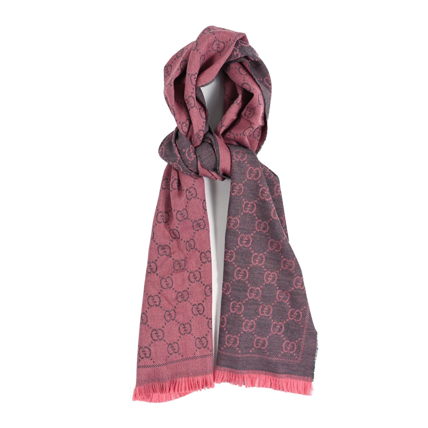 Gucci Wool Jacquard GG Monogram Sten Fringe Scarf Graphite Pink 1 of 4
