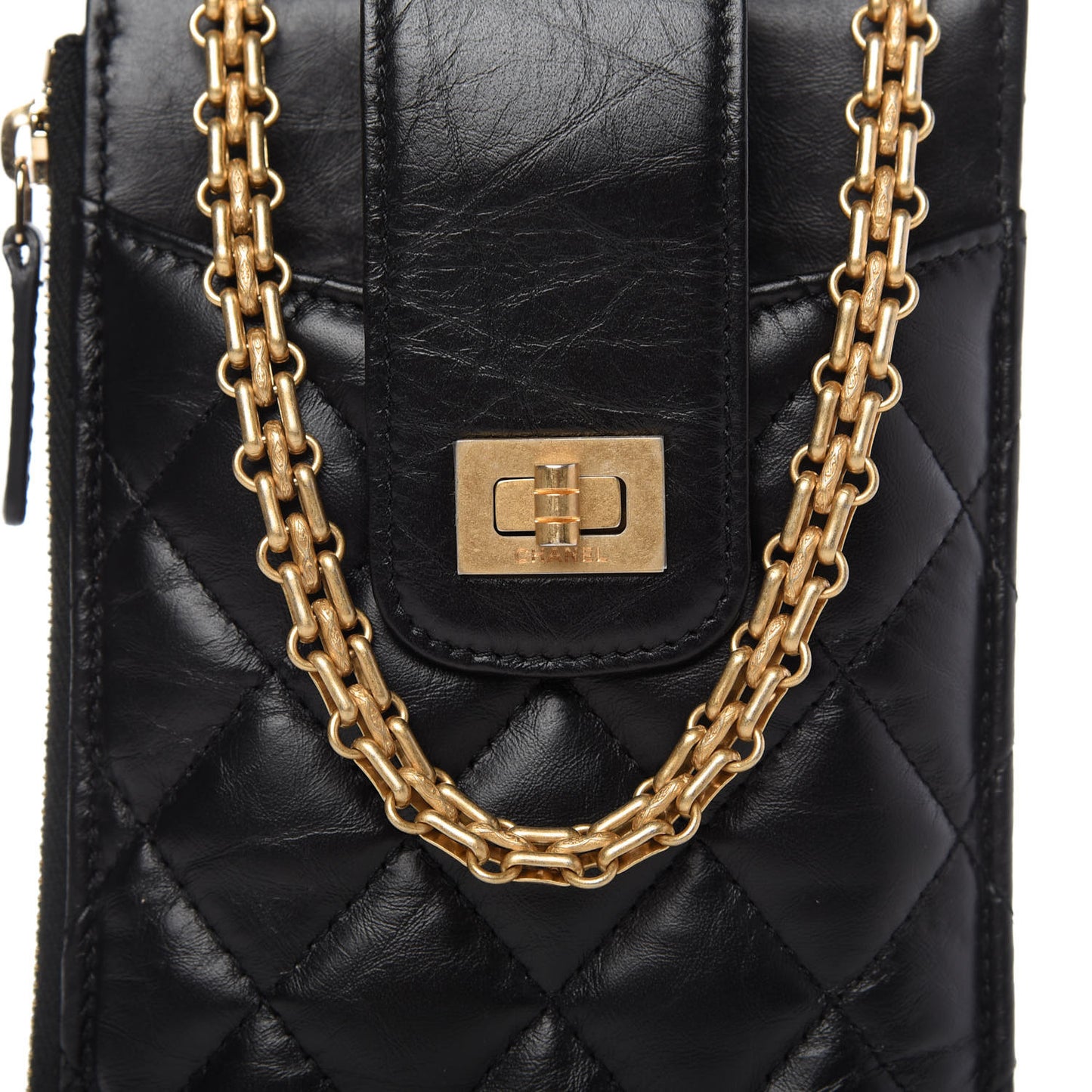 Aged Calfskin Quilted 2.55 Reissue Phone Holder With Chain Black