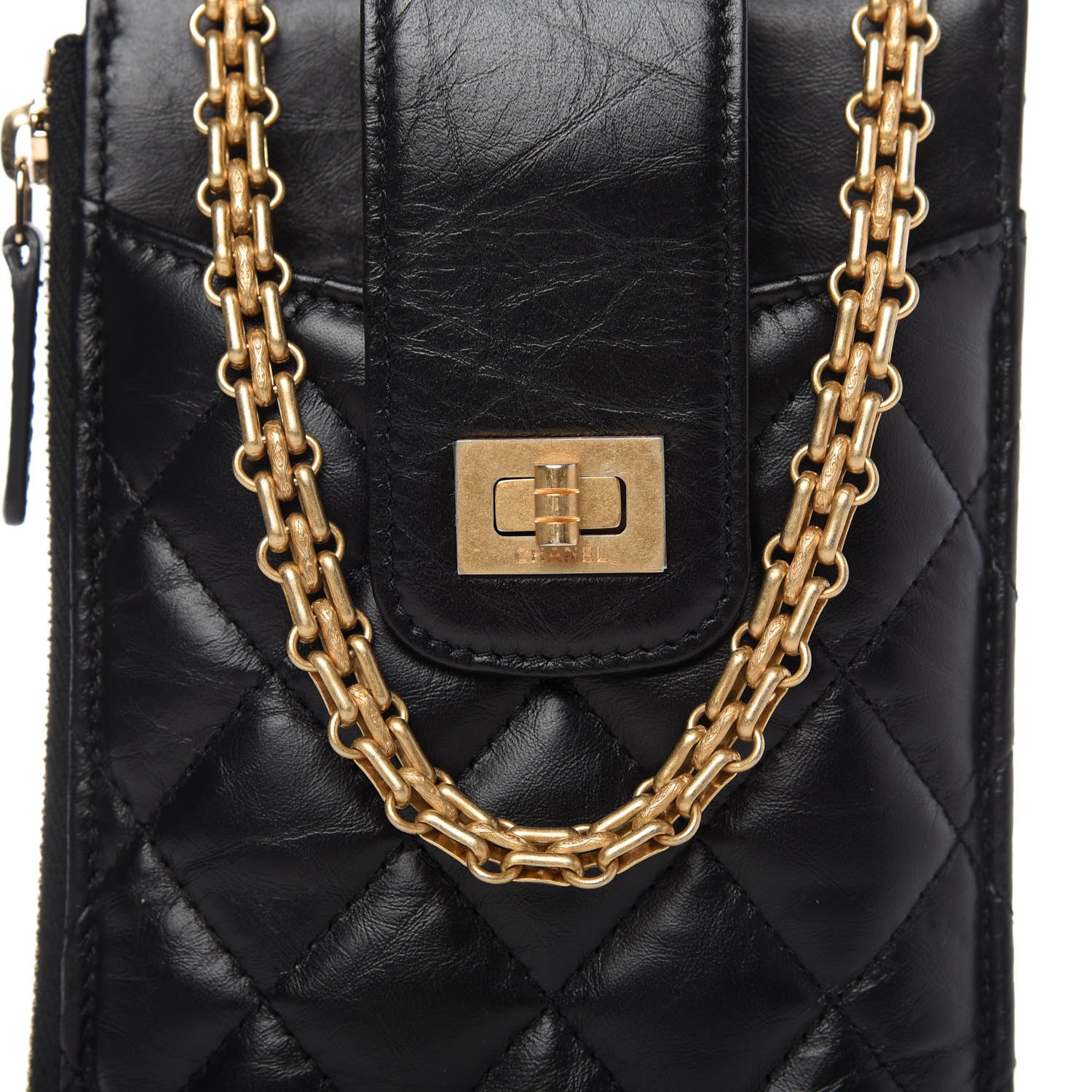 Chanel Aged Calfskin Quilted 2.55 Reissue Phone Holder With Chain Black 10 of 11