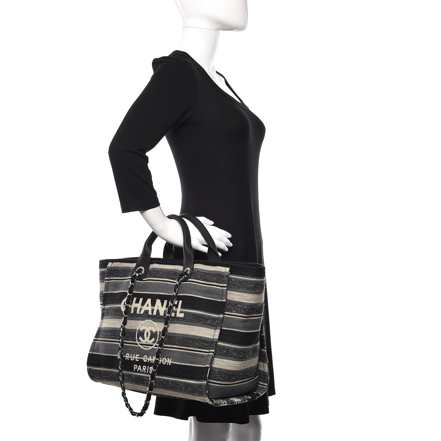 Chanel Striped Canvas Medium Deauville Tote Black 2 of 11