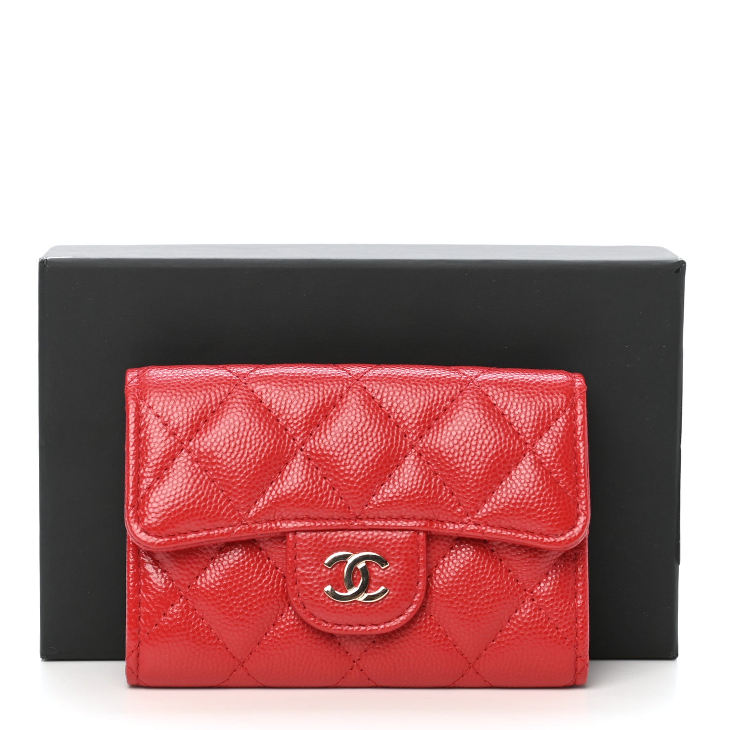 Caviar Quilted Flap Card Holder Wallet Red