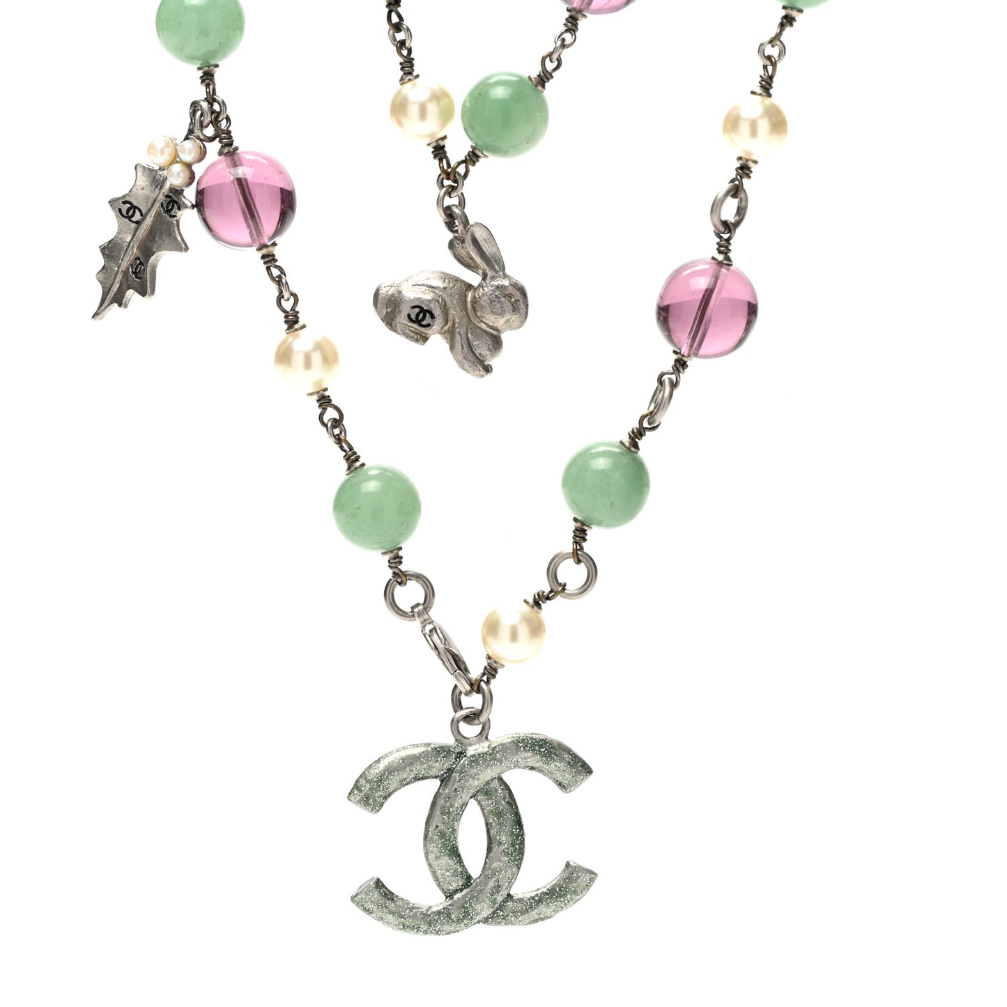 Pearl Bead CC Double Strand Charm Necklace Silver