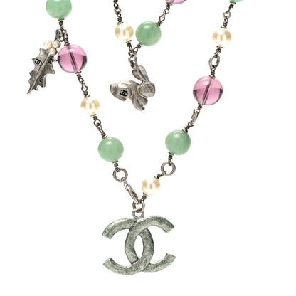 Chanel Pearl Bead CC Double Strand Charm Necklace Silver 1 of 5