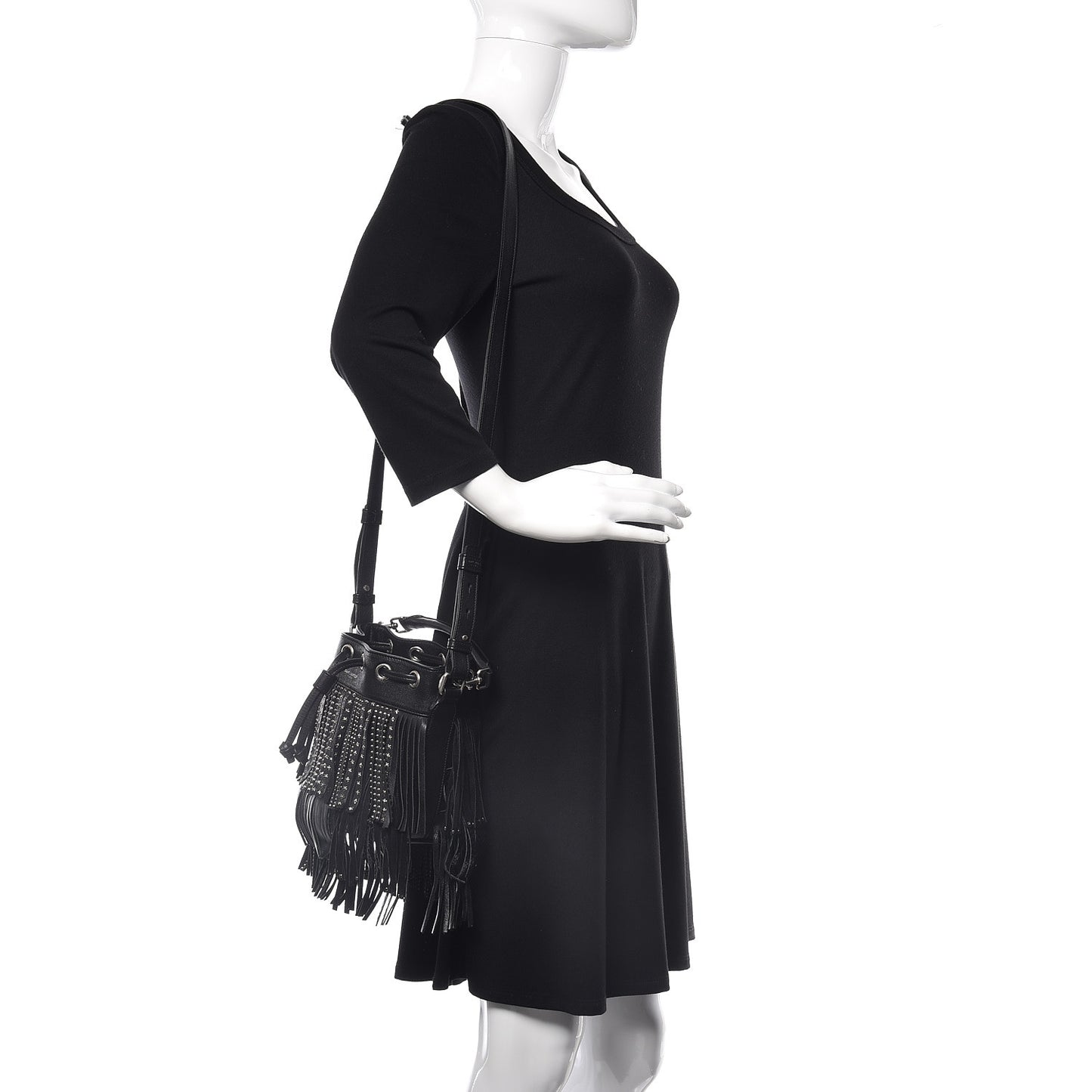 Calfskin Studded Small Emmanuelle Fringe Bucket Bag Black