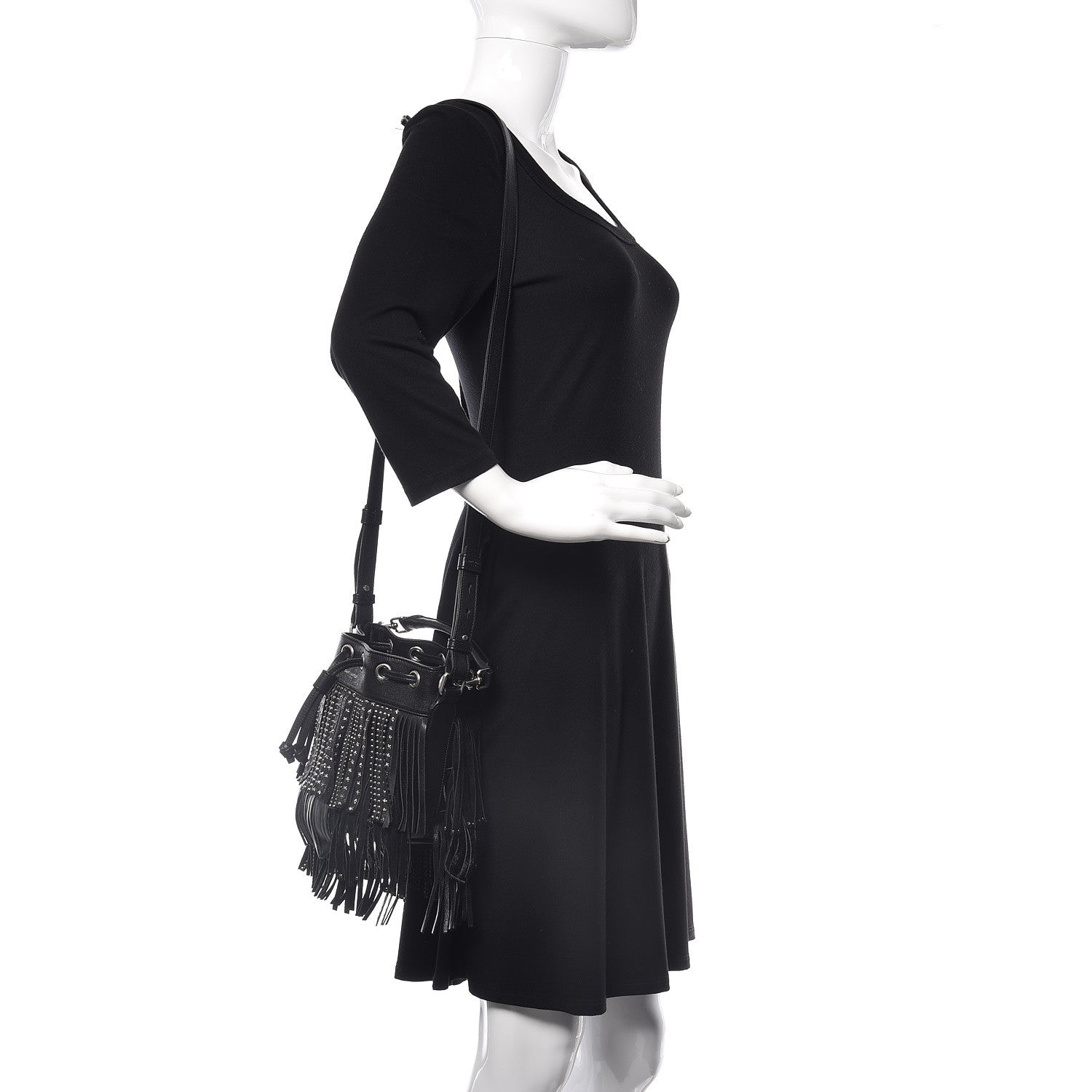 Saint Laurent Calfskin Studded Small Emmanuelle Fringe Bucket Bag Black 3 of 13