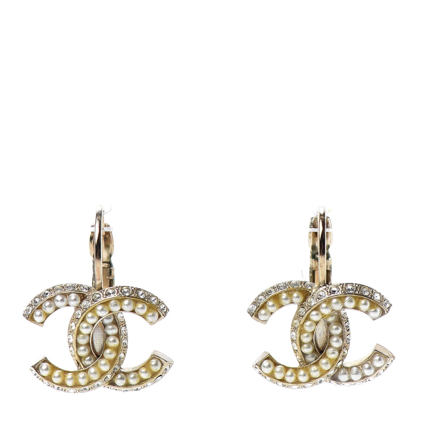 Crystal Pearl CC Dangle Earrings Gold