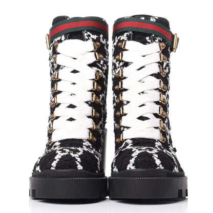 Gucci Tweed GG Monogram Lace Up Combat Ankle Boots 36.5 Black 2 of 11