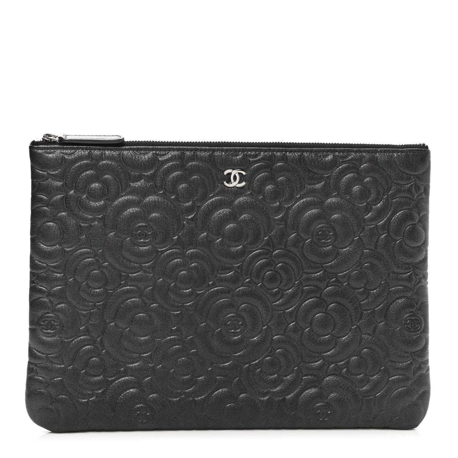 Chanel Goatskin Camellia Embossed Medium Cosmetic Case Dark Grey 1 of 7