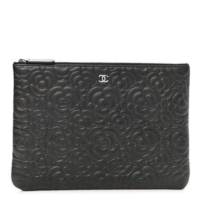 Chanel Goatskin Camellia Embossed Medium Cosmetic Case Dark Grey 1 of 7