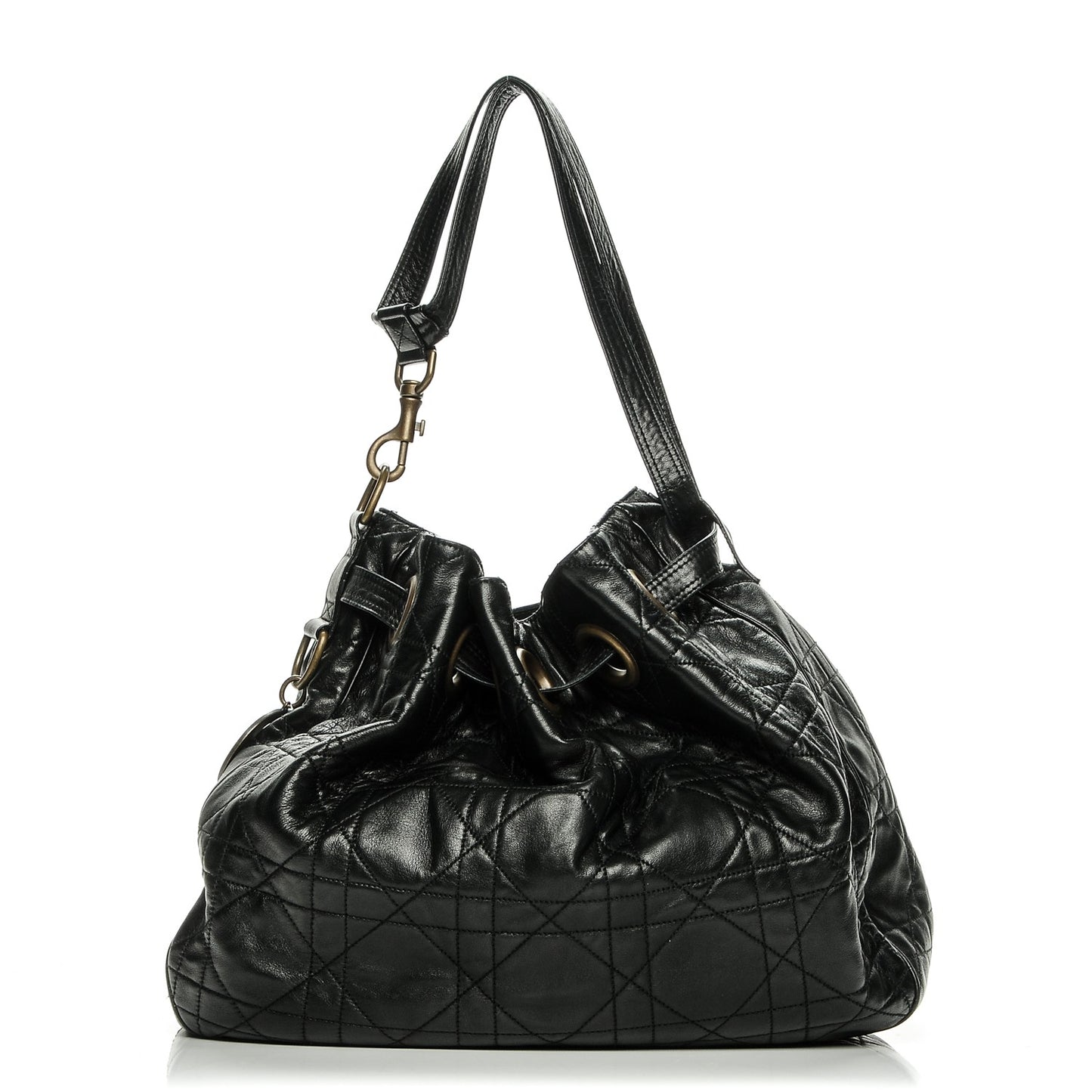 Lambskin Cannage Stitched Drawsting Tote Black