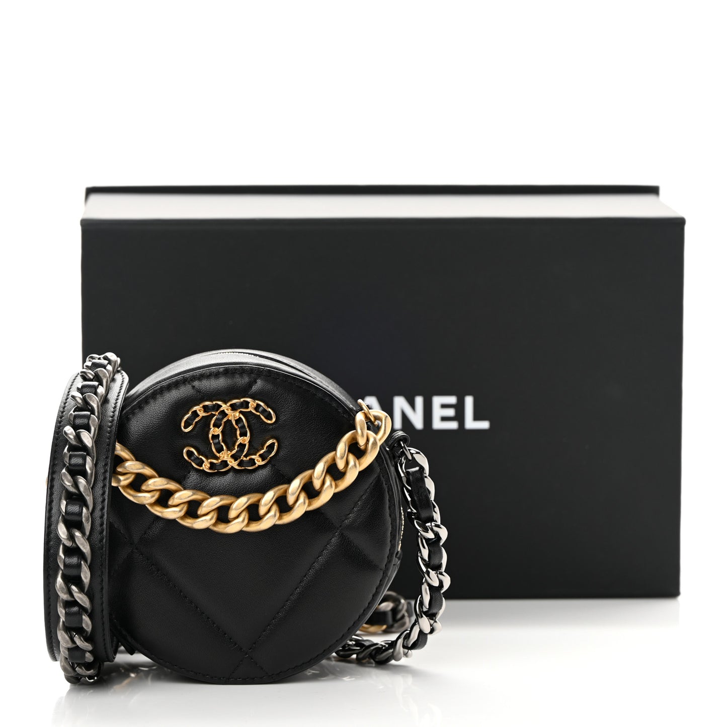 Lambskin Quilted Chanel 19 Round Clutch With Chain Black