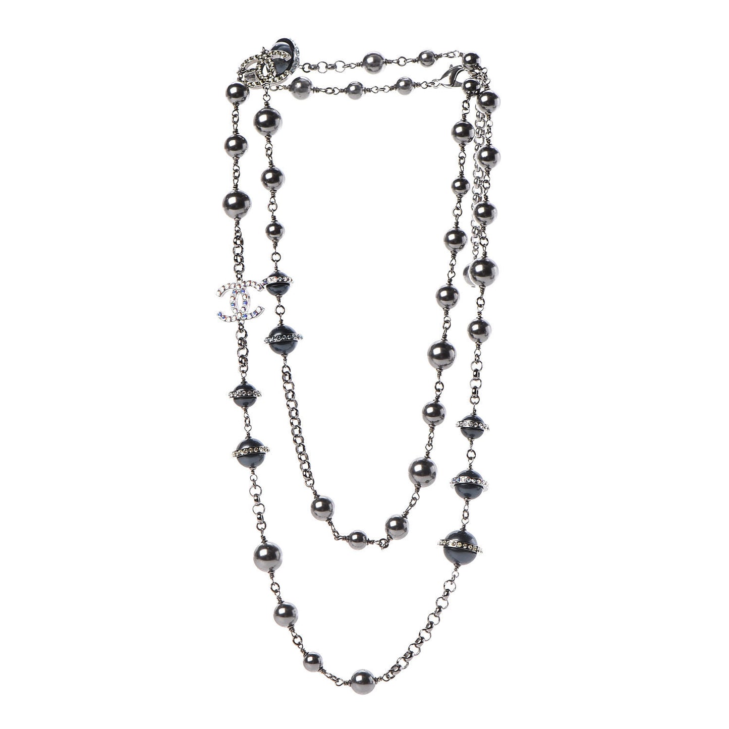 Crystal Pearl Beaded CC Long Necklace Grey