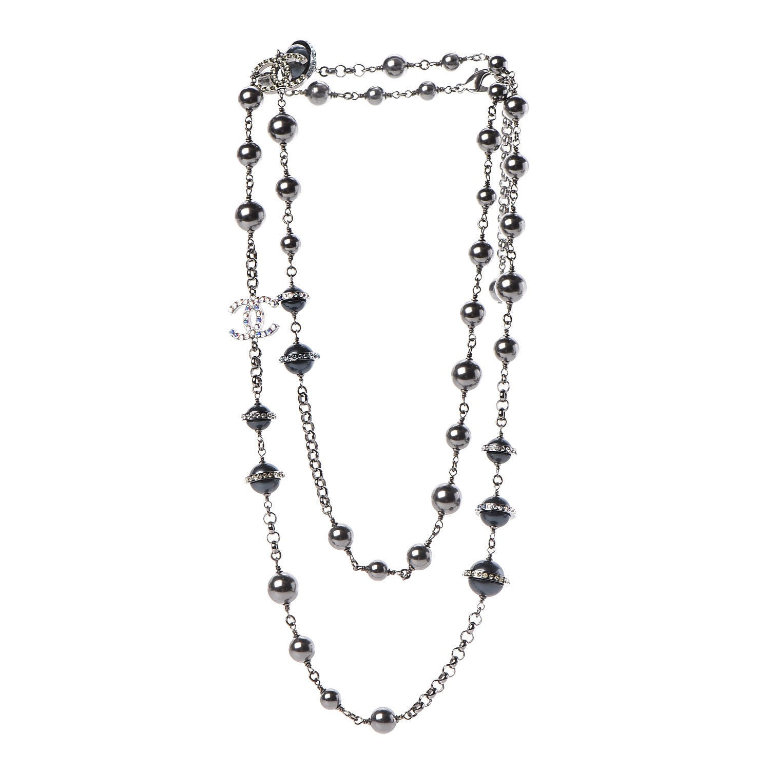 Chanel Crystal Pearl Beaded CC Long Necklace Grey 3 of 9