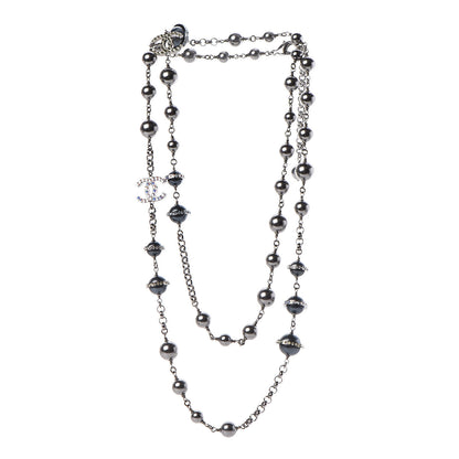 Chanel Crystal Pearl Beaded CC Long Necklace Grey 3 of 9