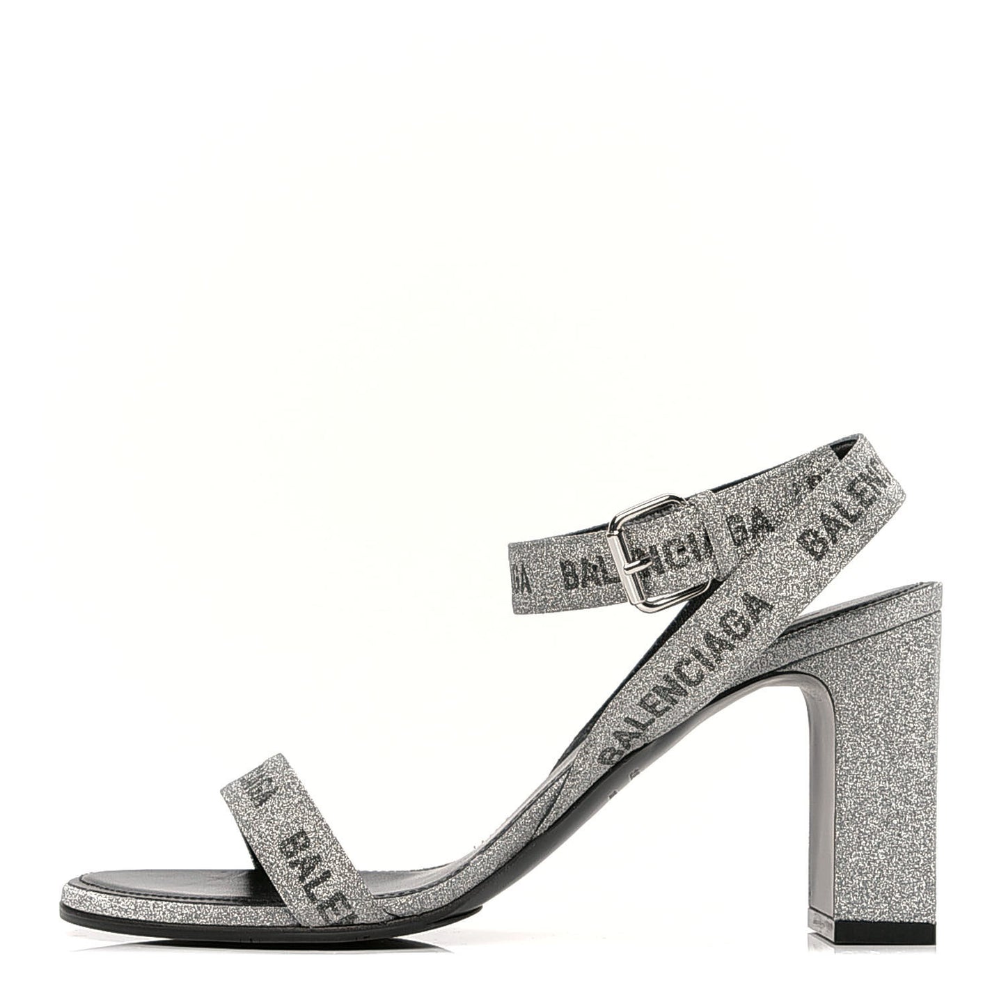 Glitter Allover Logo Ankle Strap Round Heel 80mm Sandals 37.5 Silver Black