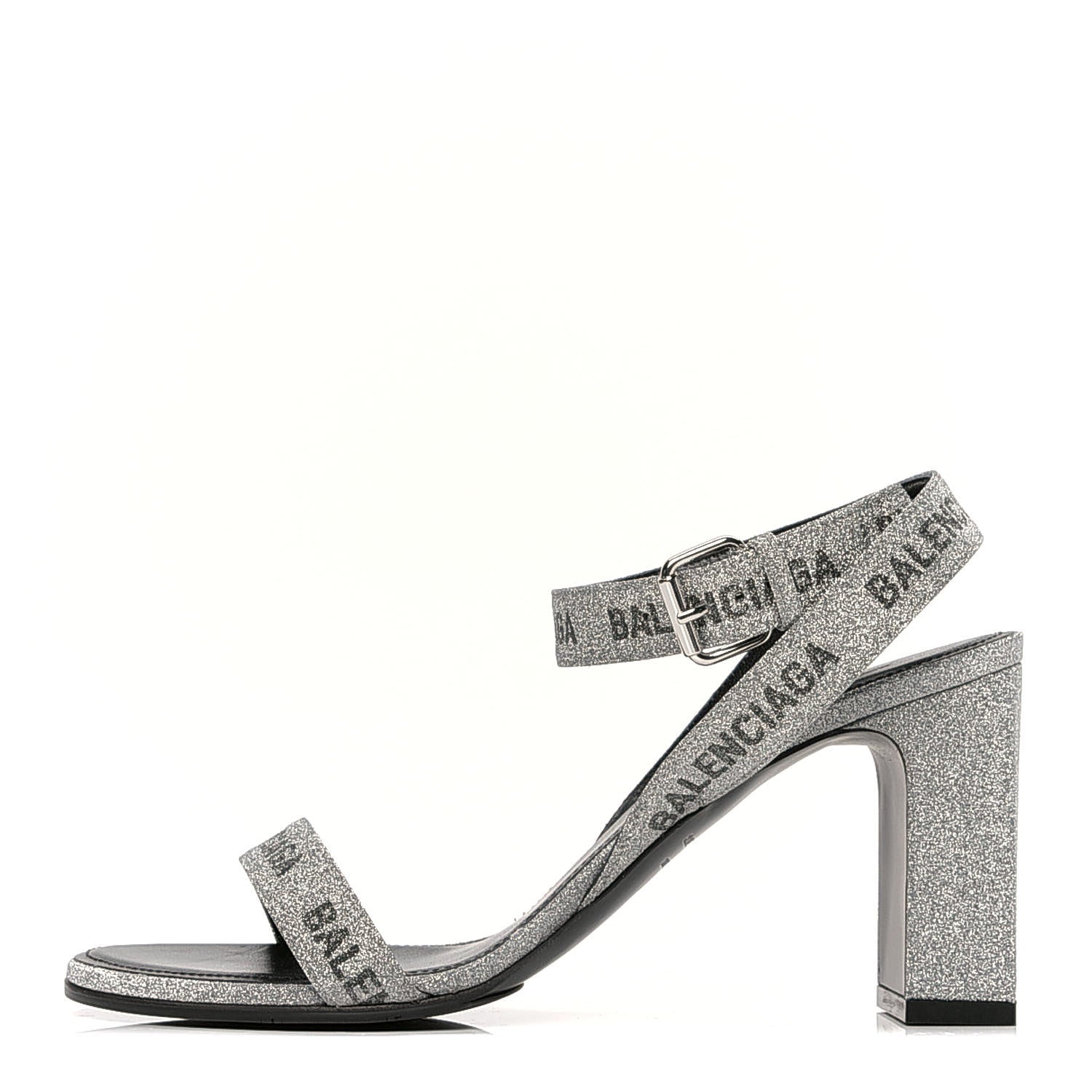 Balenciaga Glitter Allover Logo Ankle Strap Round Heel 80mm Sandals 37.5 Silver Black 1 of 6