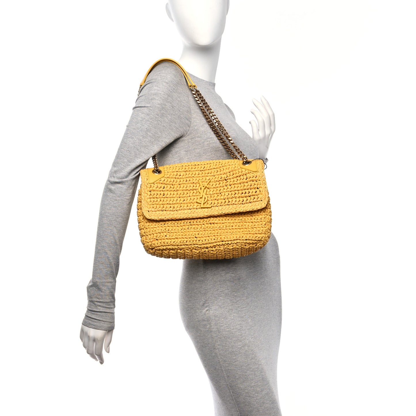 Raffia Calfskin Monogram Medium Niki Chain Satchel Wheat