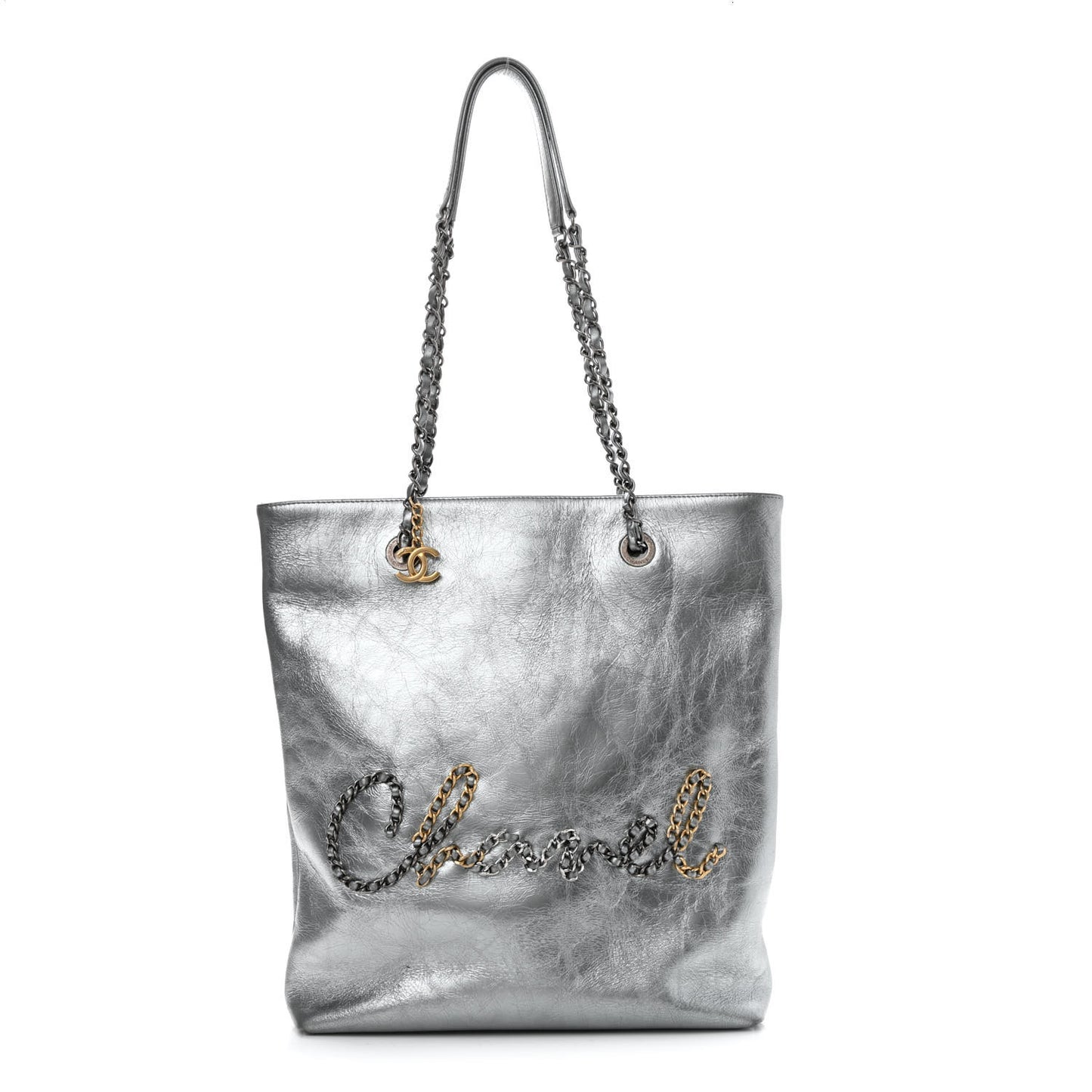 Metallic Crumpled Calfskin Chain 20s Signe Tote Silver