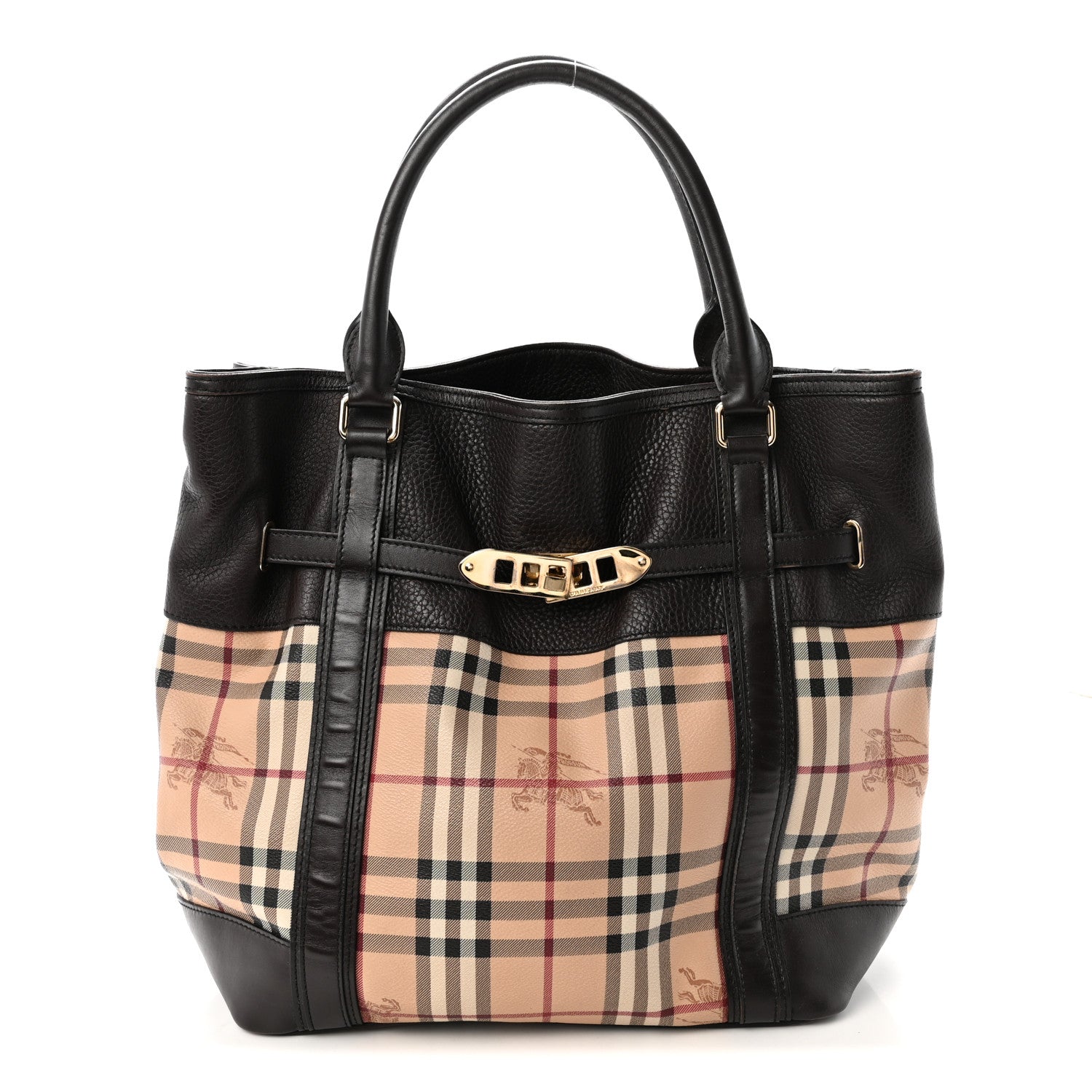 Burberry Grained Calfskin Haymarket Check Medium Golderton Tote Chocolate 1 of 10