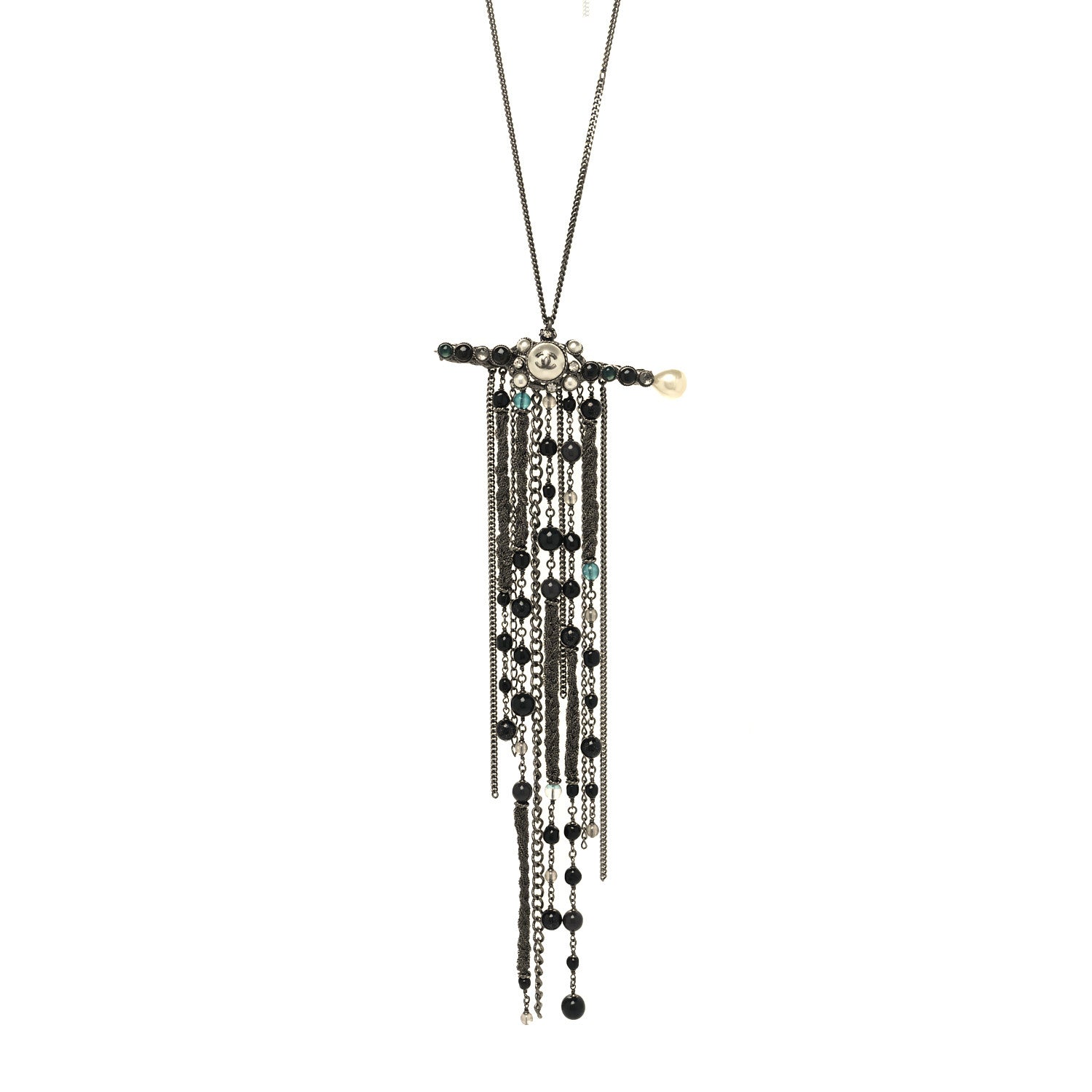 Chanel Ruthenium Crystal Pearl Beaded Enamel CC Multi Chain Bar Necklace Black 1 of 6