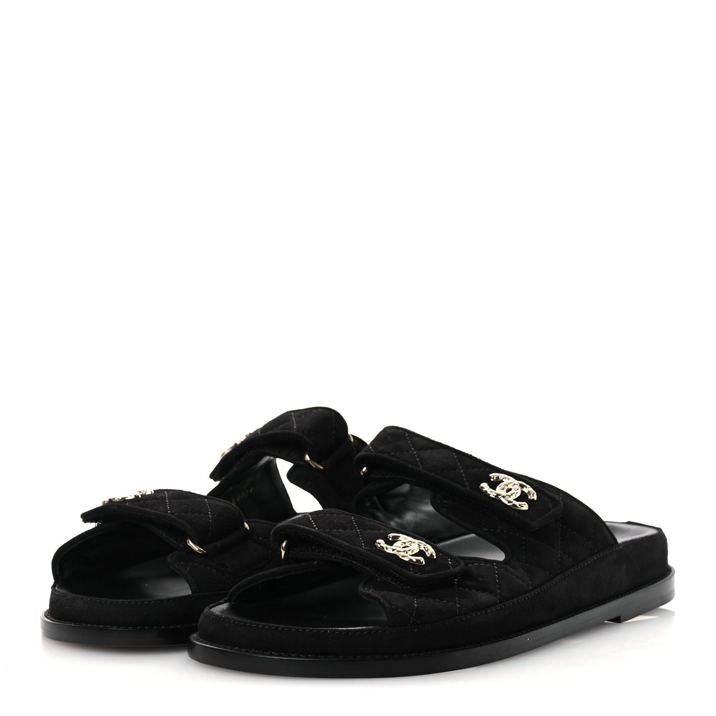 Suede Kidskin Quilted Velcro Dad Chain CC Slide Sandals 40 Black