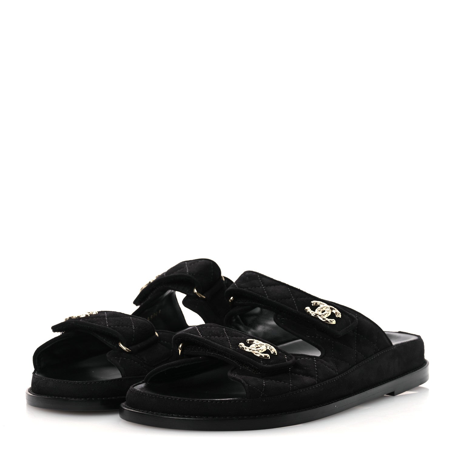 Chanel Suede Kidskin Quilted Velcro Dad Chain CC Slide Sandals 40 Black 4 of 11