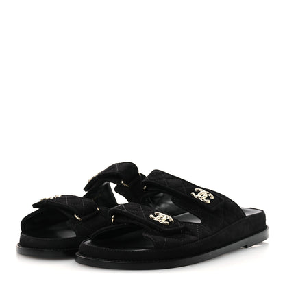 Chanel Suede Kidskin Quilted Velcro Dad Chain CC Slide Sandals 40 Black 4 of 11