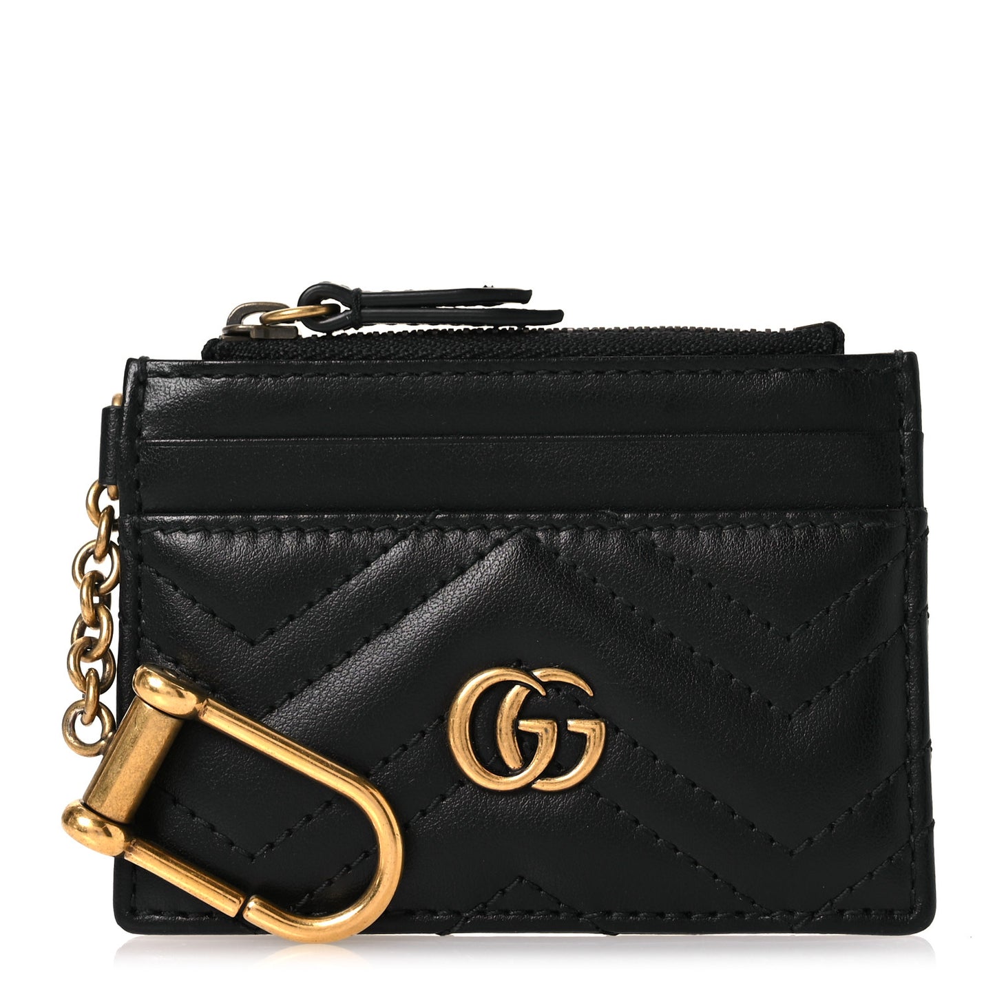 Calfskin Matelasse Chevron GG Marmont Key Case Card Holder Black