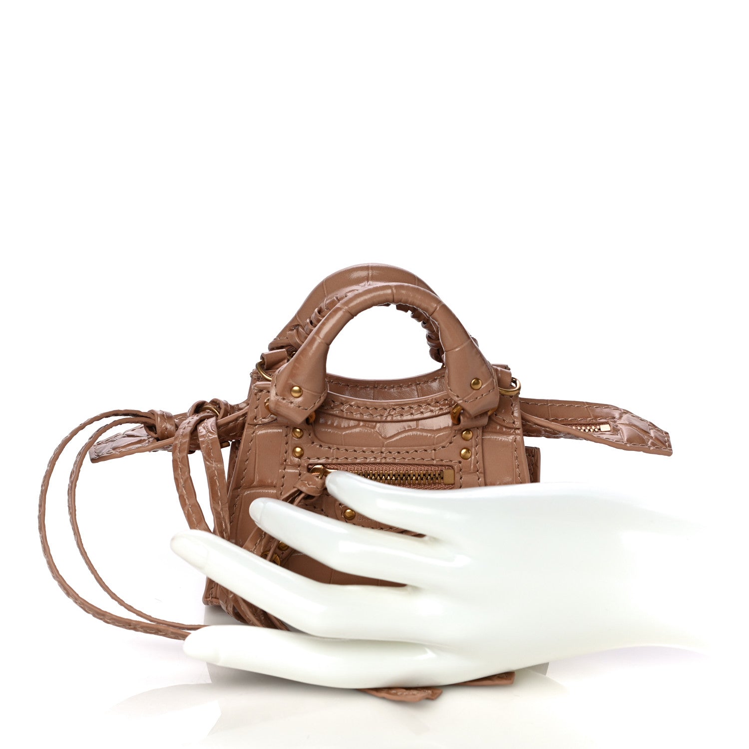 Balenciaga Shiny Supple Calfskin Crocodile Embossed Neo Classic Gold Hardware Super Nano City Crossbody Nude Beige 2 of 8