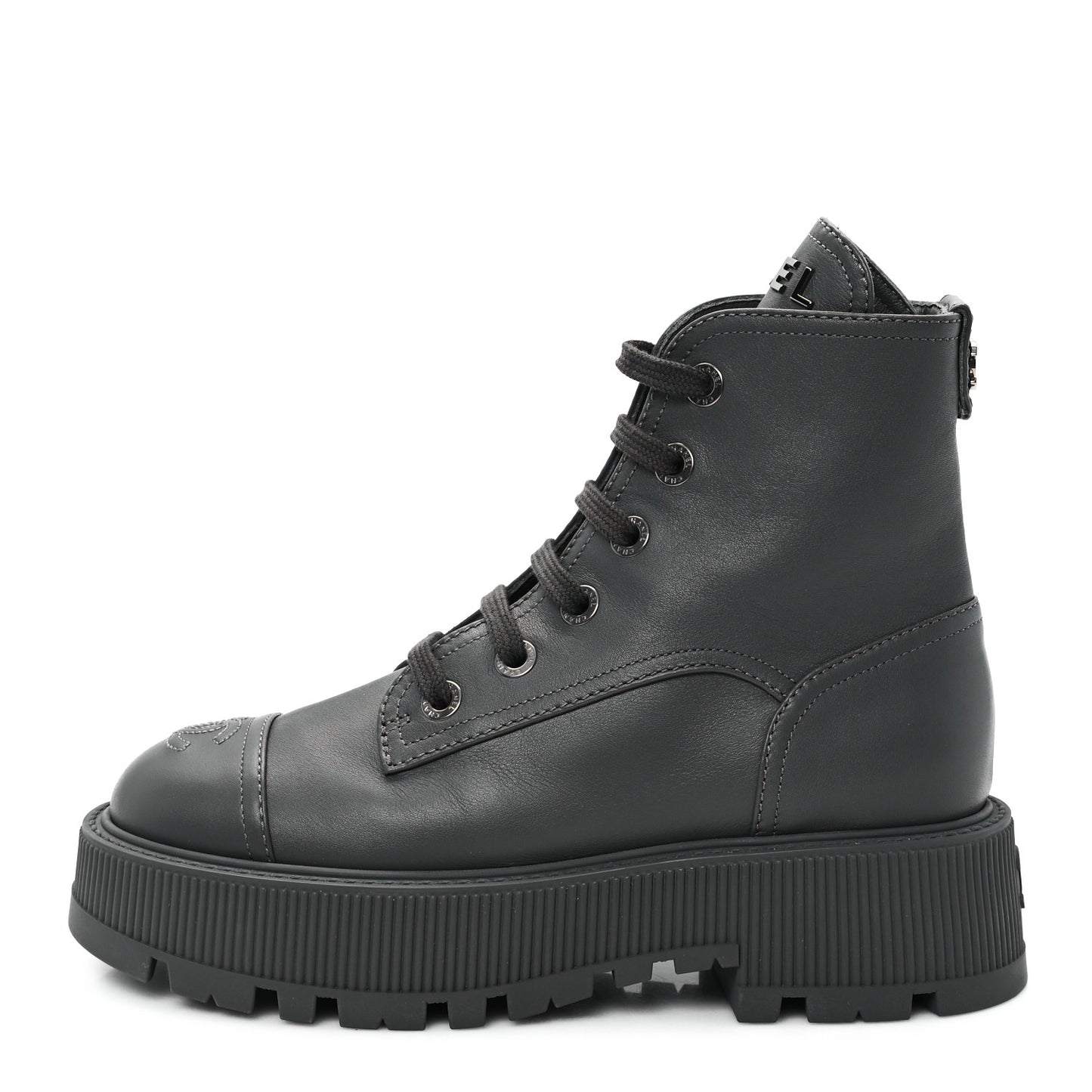 Calfskin CC Lace Up Combat Boots 36.5 Gray