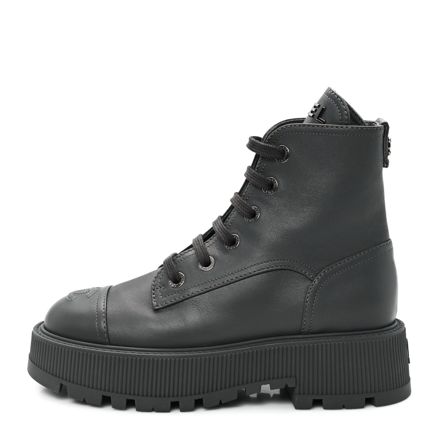 Chanel Calfskin CC Lace Up Combat Boots 36.5 Gray 1 of 12
