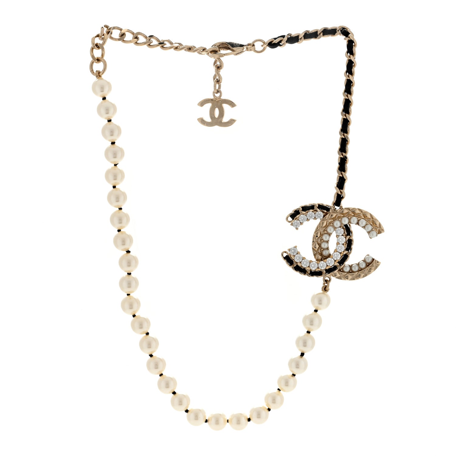 Chanel Pearl Crystal Lambskin CC Necklace Gold Black 2 of 3