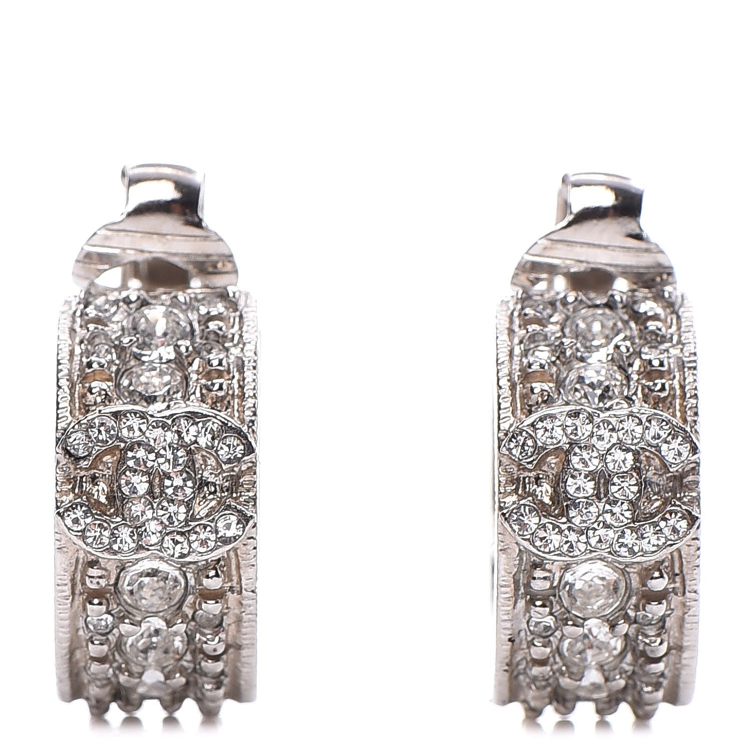 Chanel Crystal CC Hoop Clip On Earrings Silver 1 of 5