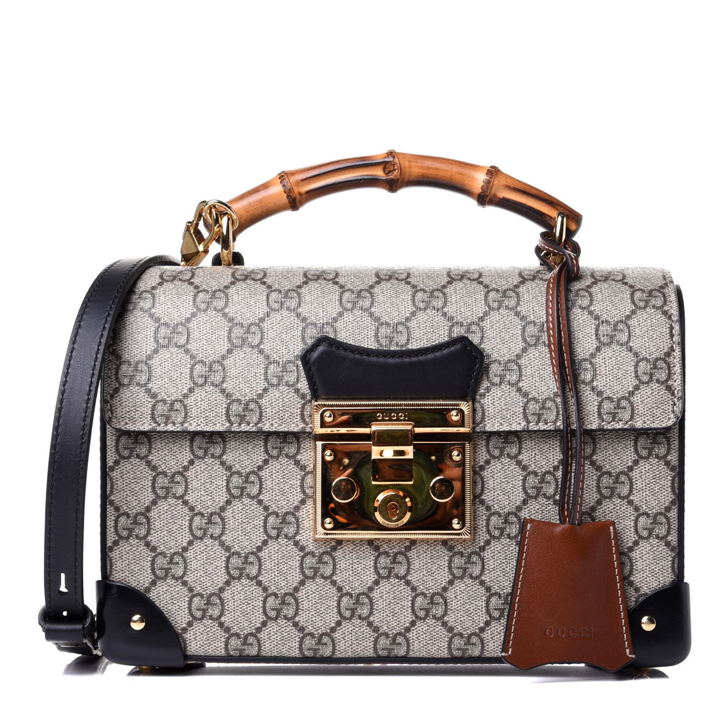 GG Supreme Monogram Small Padlock Bamboo Shoulder Bag Beige Black Cuir