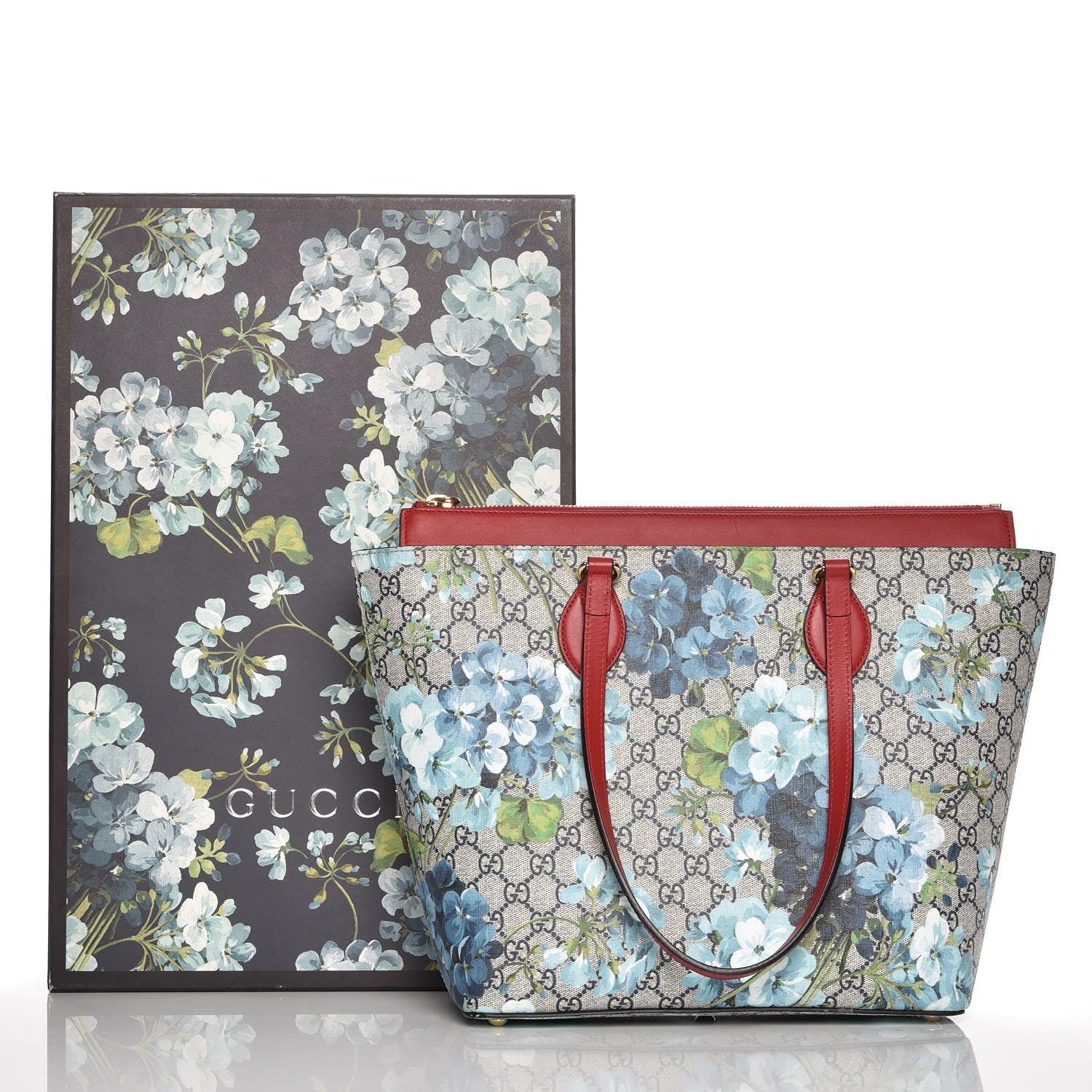 Gucci GG Supreme Monogram Blooms Medium Zippered Bucket Tote Beige Blue Navy Hibiscus Red 8 of 8