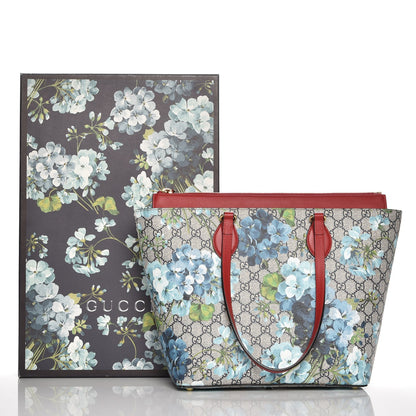 Gucci GG Supreme Monogram Blooms Medium Zippered Bucket Tote Beige Blue Navy Hibiscus Red 8 of 8