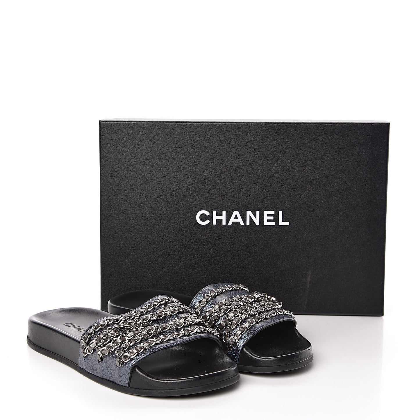 Lambskin Chain Flat Sandals 37 Dark Blue