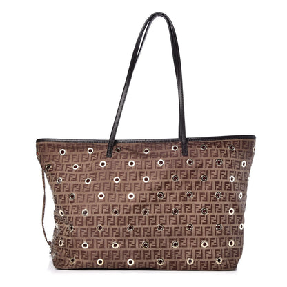 Fendi Nylon Zucchino Grommet Medium Roll Tote Mogano Panna Red Moro 3 of 12