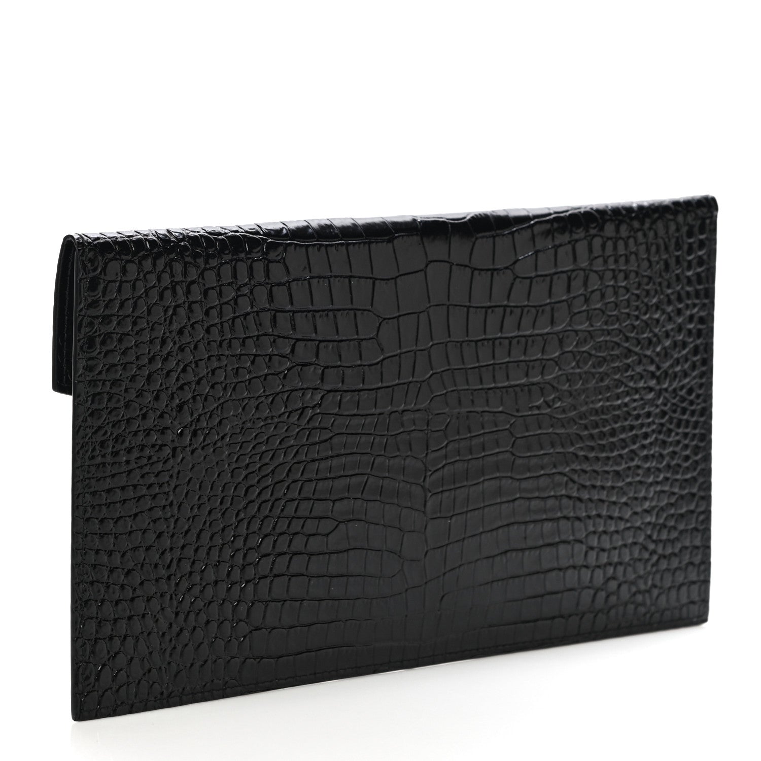 Saint Laurent Calfskin Crocodile Embossed Uptown Monogram Clutch Black 3 of 10