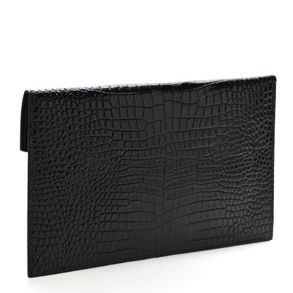 Saint Laurent Calfskin Crocodile Embossed Uptown Monogram Clutch Black 3 of 10