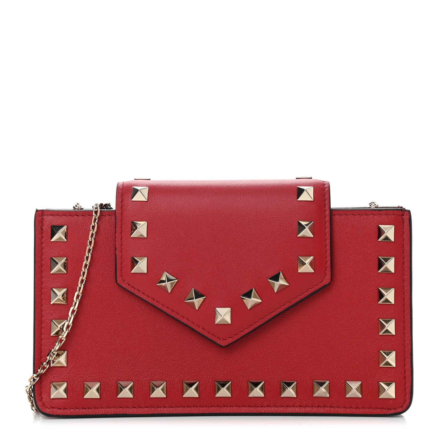 Calfskin Rockstud Phone Case With Chain Rosso Valentino