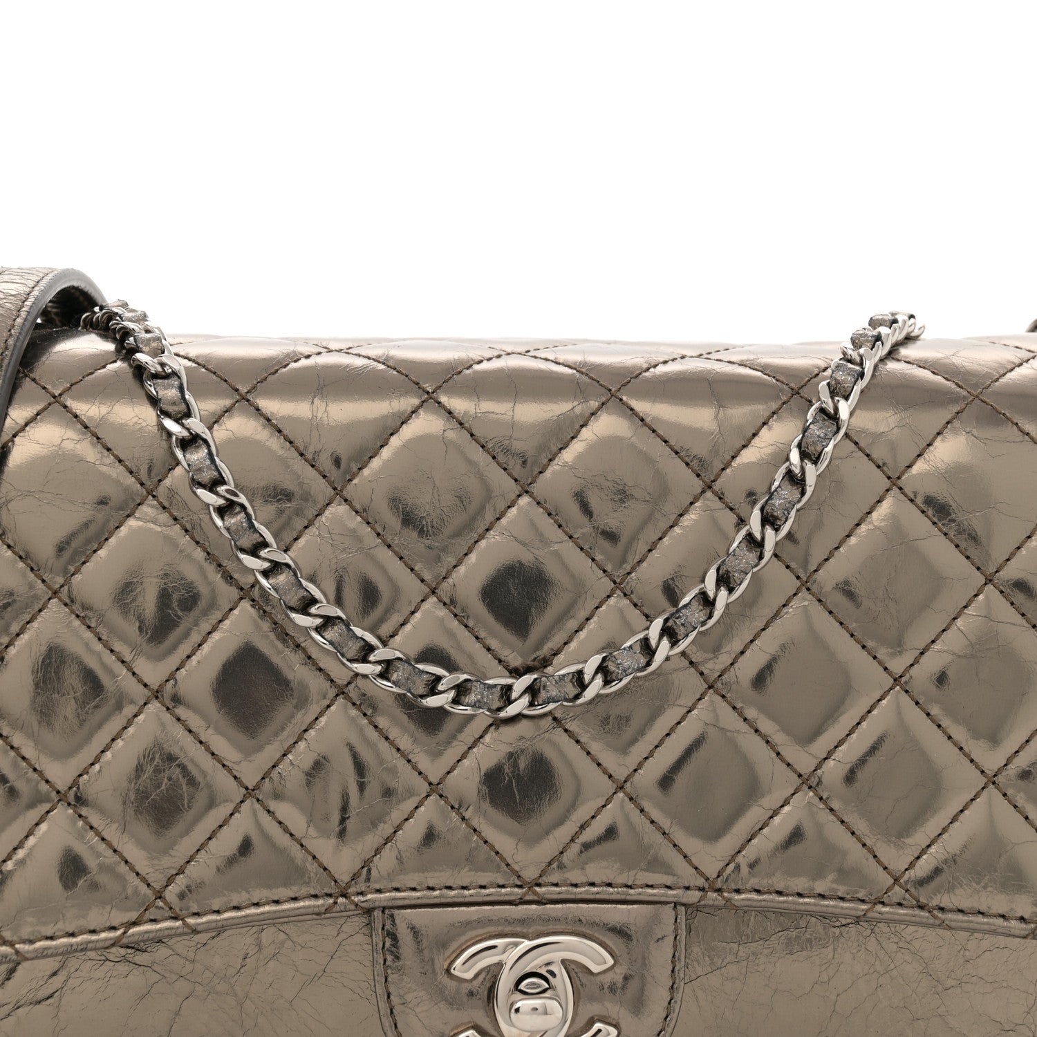 Chanel Metallic Crackled Calfskin Quilted Jumbo Clams Pocket Flap Dark Silver 8 of 11